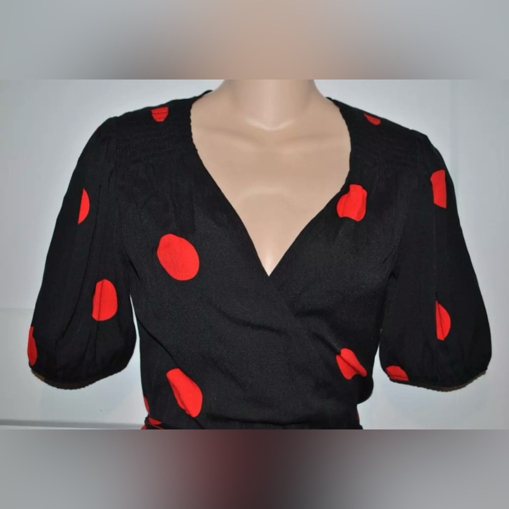 REFORMATION Augustina Black Red Polka Dot Wrap Midi Dress size XS - Picture 4 of 6